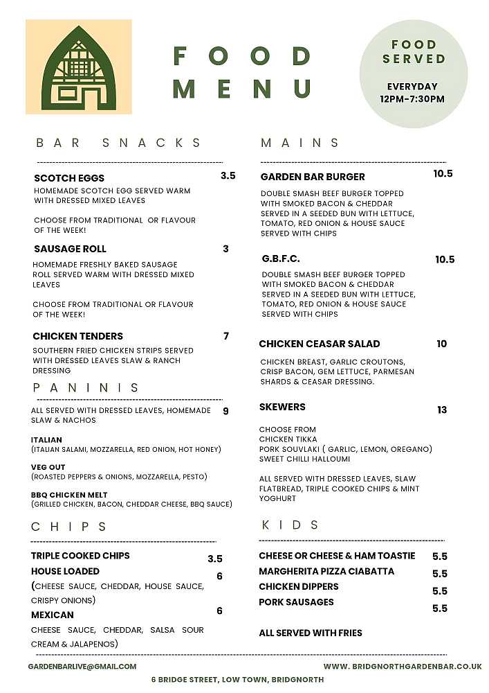 Garden Bar Menu